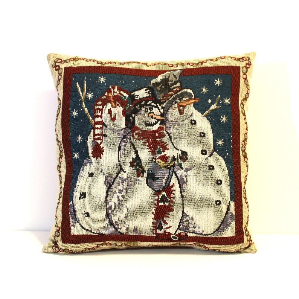 Vintage Caroling Snowmen Needlepoint Style Holiday Tapestry Throw Pillow